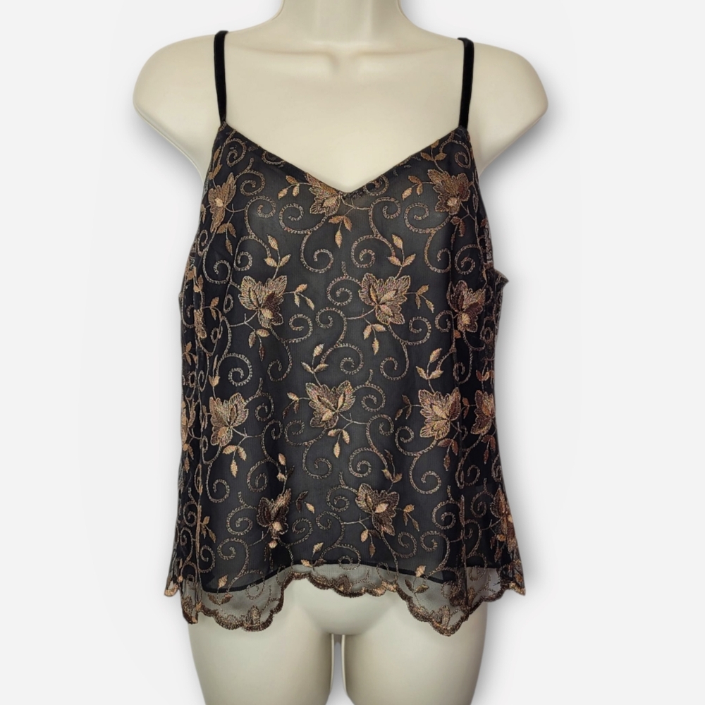 Y2K 90s Georgiou Lace Embroidered Cami M Black Rose Gold Metallic NEW
